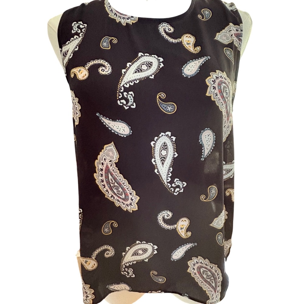 Loft Outlet Petite SP Paisley Sleeveless Blouse Brown Back Bow Keyhole Shell